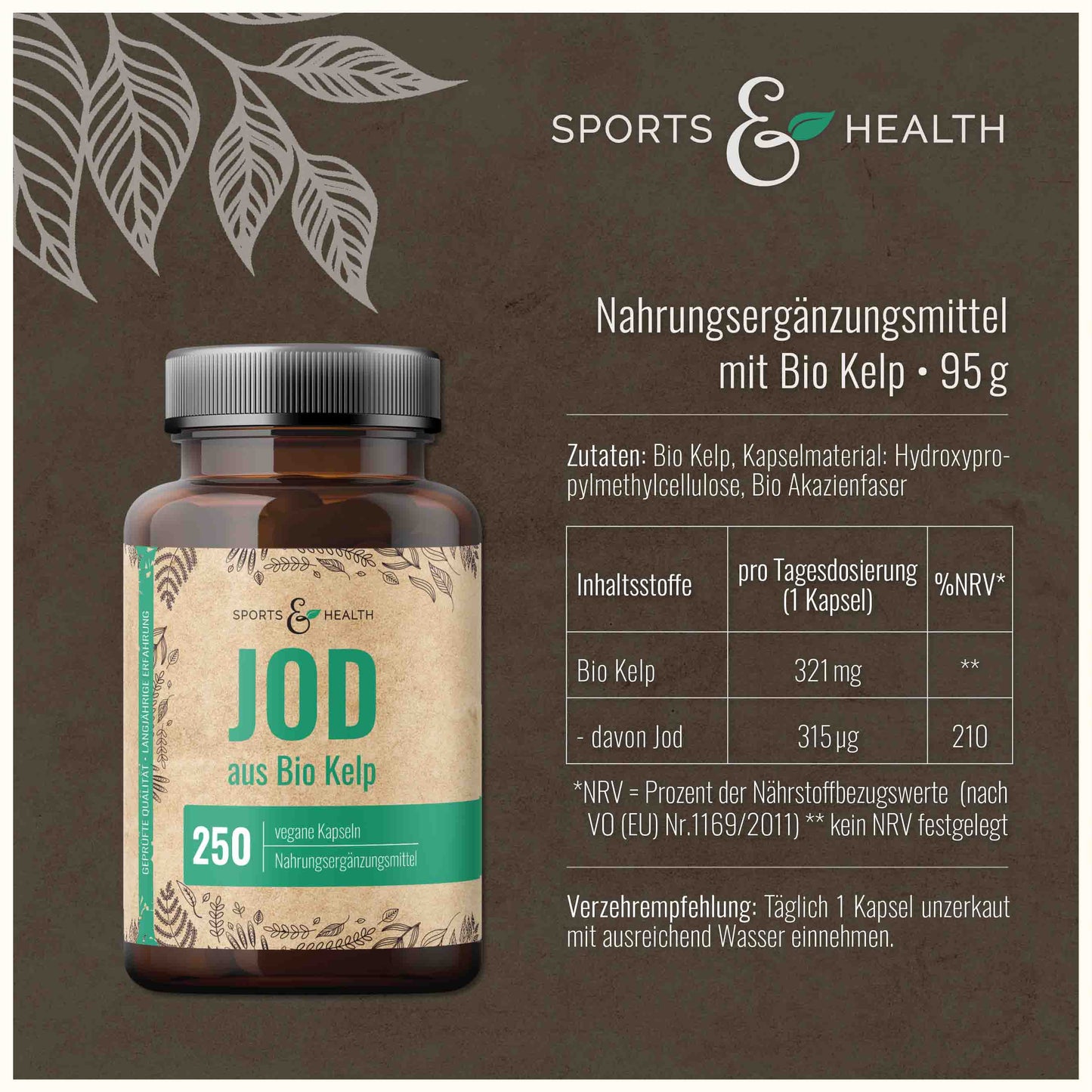 Jod aus Bio Kelp -  DE-ÖKO-005 - 250 Kapseln -  Natürliches Jod