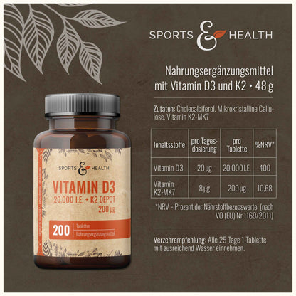 Vitamin D3 + K2 Depot 200 Tabletten - 20.000 IE
